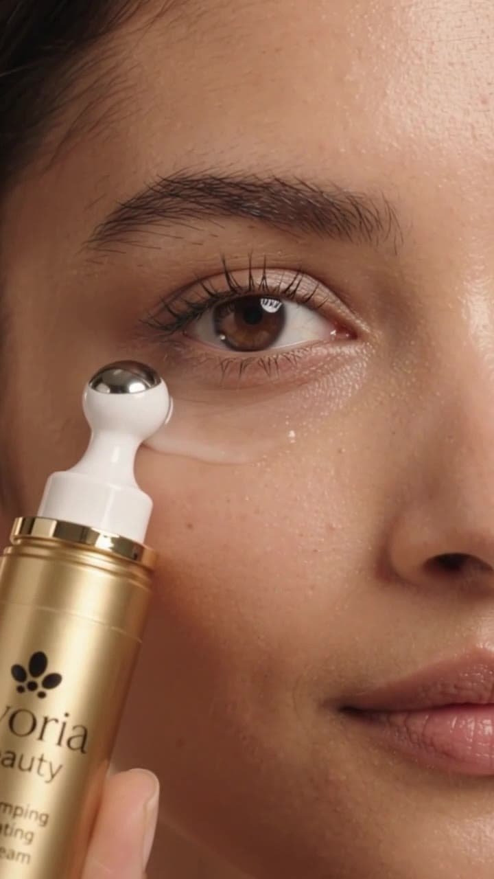 Close-up of a model using the Evoria Beauty gold eye-cream roller