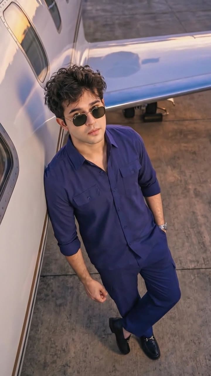 Man in a navy shirt beside a private jet
