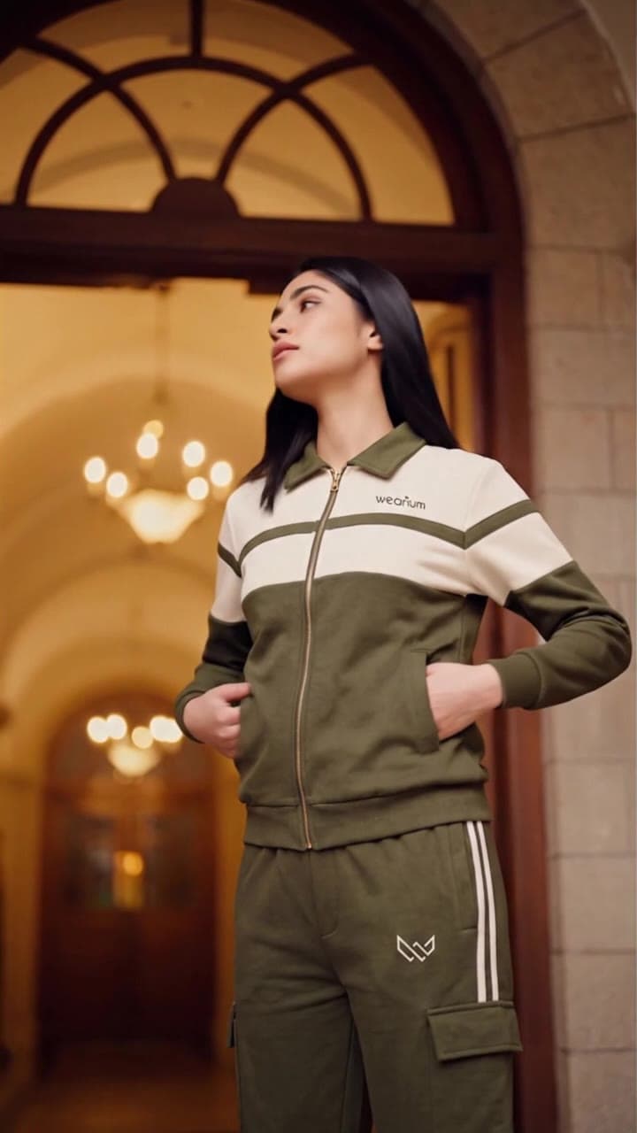 Woman in an olive tracksuit in a palace hallway
